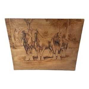 Vintage Busch Gardens Williamsburg Horse Clydesdale Engraving Wood Art
